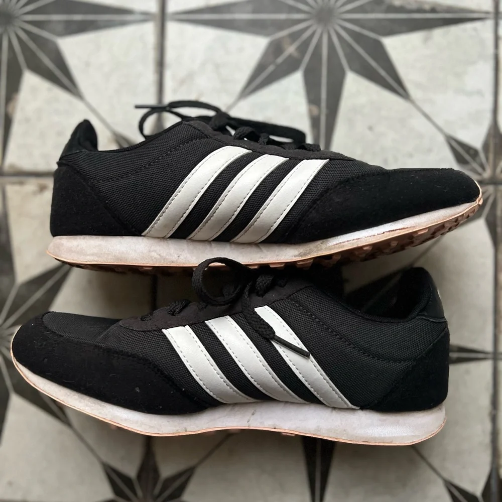 Adidas Dark Gray Sneakers with Pink Accents & Signature White Stripes - Picture 6 of 6